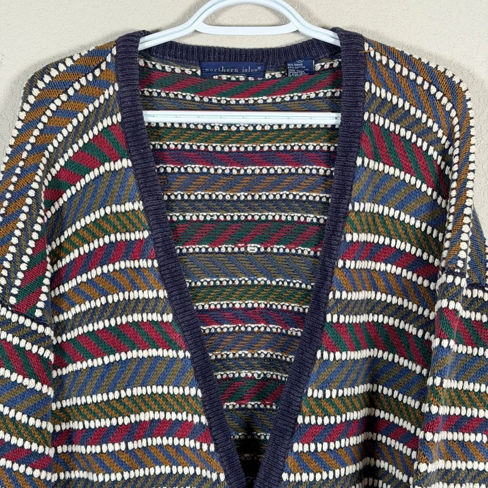 Vintage Northern Isles Cardigan Sweater‎ Mens XL Multicolor Striped Textured